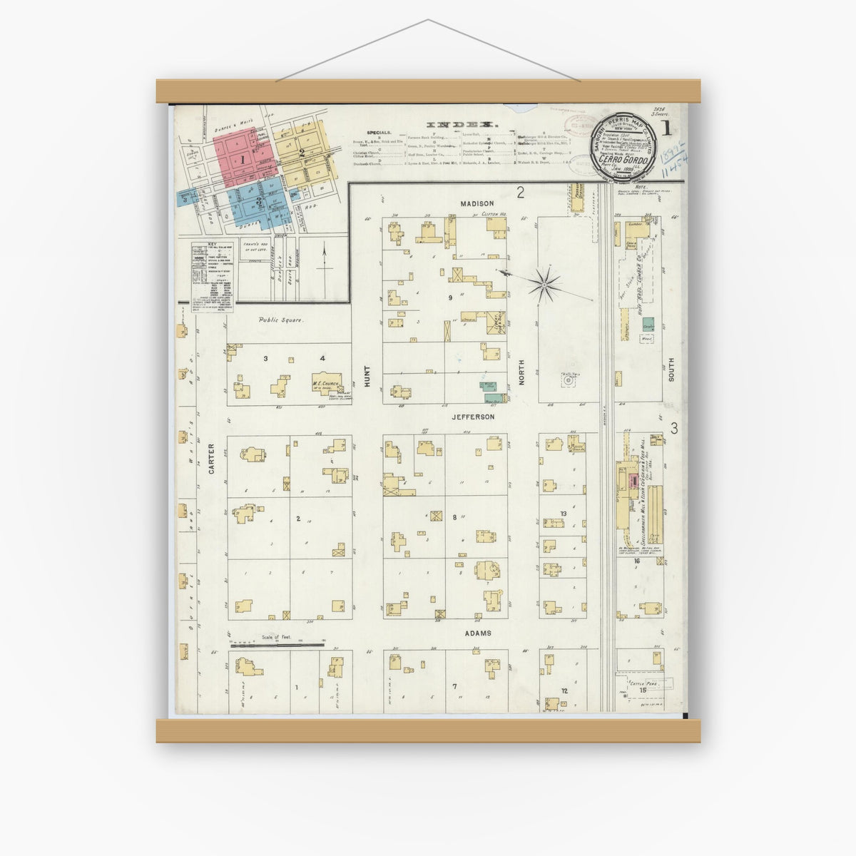 Old map wall art mockup — magnetic wood frame on white wall — Sanborn Fire Insurance Map from Cerro Gordo, Piatt County, Illinois (1899) - Complete Map Set