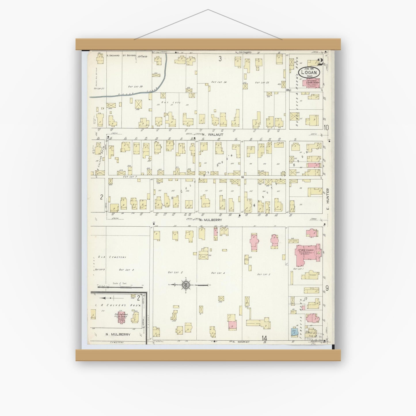 Old map wall art mockup — magnetic wood frame on white wall — Sanborn Fire Insurance Map from Logan, Hocking County, Ohio (1914), Sheet #0002
