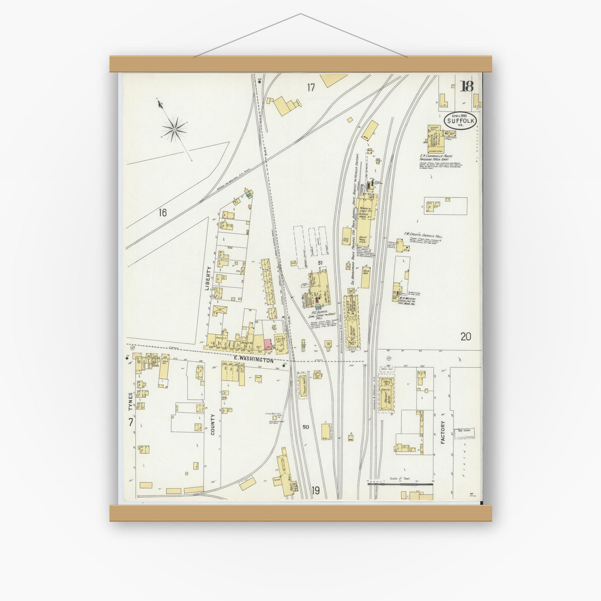 Old map wall art mockup — magnetic wood frame on white wall — Sanborn Fire Insurance Map from Suffolk, Independent Cities, Virginia (1898), Sheet #0018