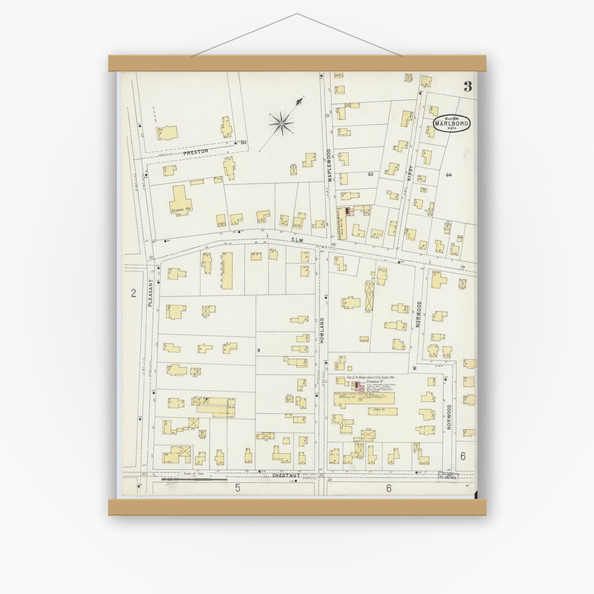 Old map wall art mockup — magnetic wood frame on white wall — Sanborn Fire Insurance Map from Marlborough, Middlesex County, Massachusetts (1896), Sheet #0003