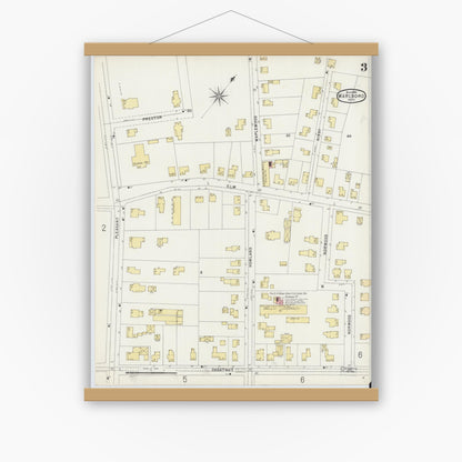 Old map wall art mockup — magnetic wood frame on white wall — Sanborn Fire Insurance Map from Marlborough, Middlesex County, Massachusetts (1896), Sheet #0003
