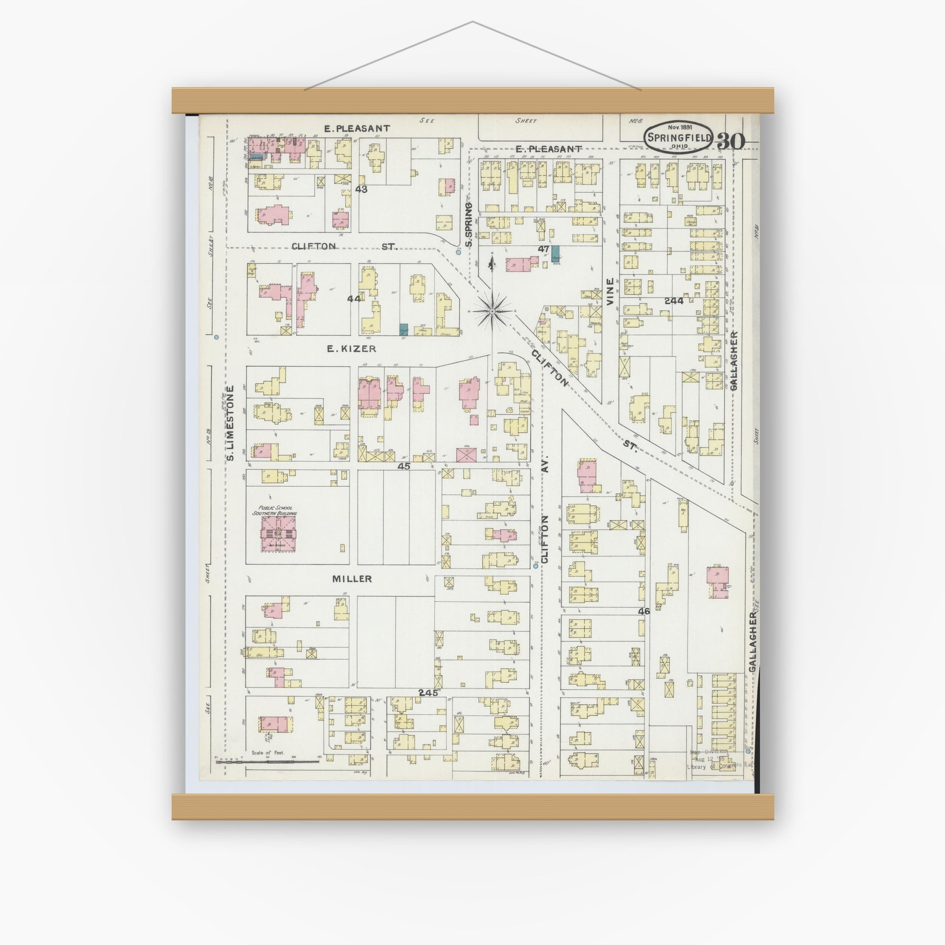 Old map wall art mockup — magnetic wood frame on white wall — Sanborn Fire Insurance Map from Springfield, Clark County, Ohio (1891), Sheet #0030