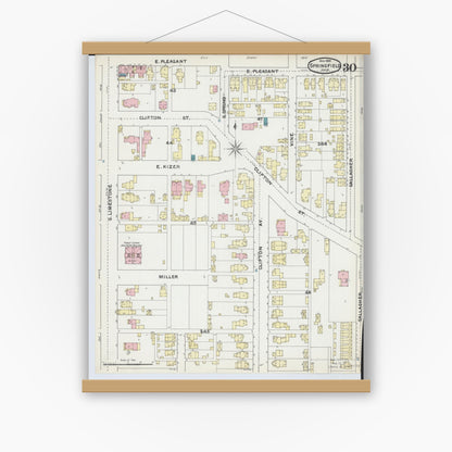 Old map wall art mockup — magnetic wood frame on white wall — Sanborn Fire Insurance Map from Springfield, Clark County, Ohio (1891), Sheet #0030