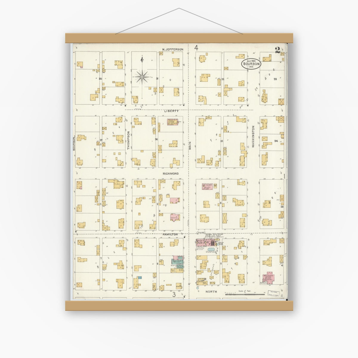 Old map wall art mockup — magnetic wood frame on white wall — Sanborn Fire Insurance Map from Bourbon, Marshall County, Indiana (1905), Sheet #0002