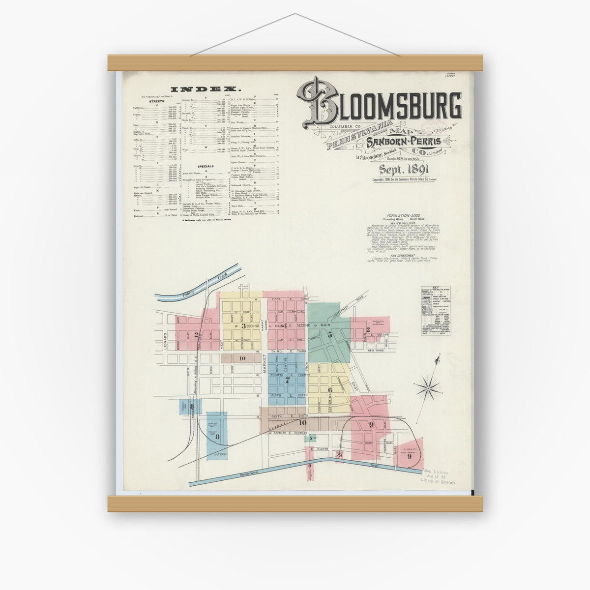 Old map wall art mockup — magnetic wood frame on white wall — Sanborn Fire Insurance Map from Bloomsburg, Columbia County, Pennsylvania (1891) - Complete Map Set