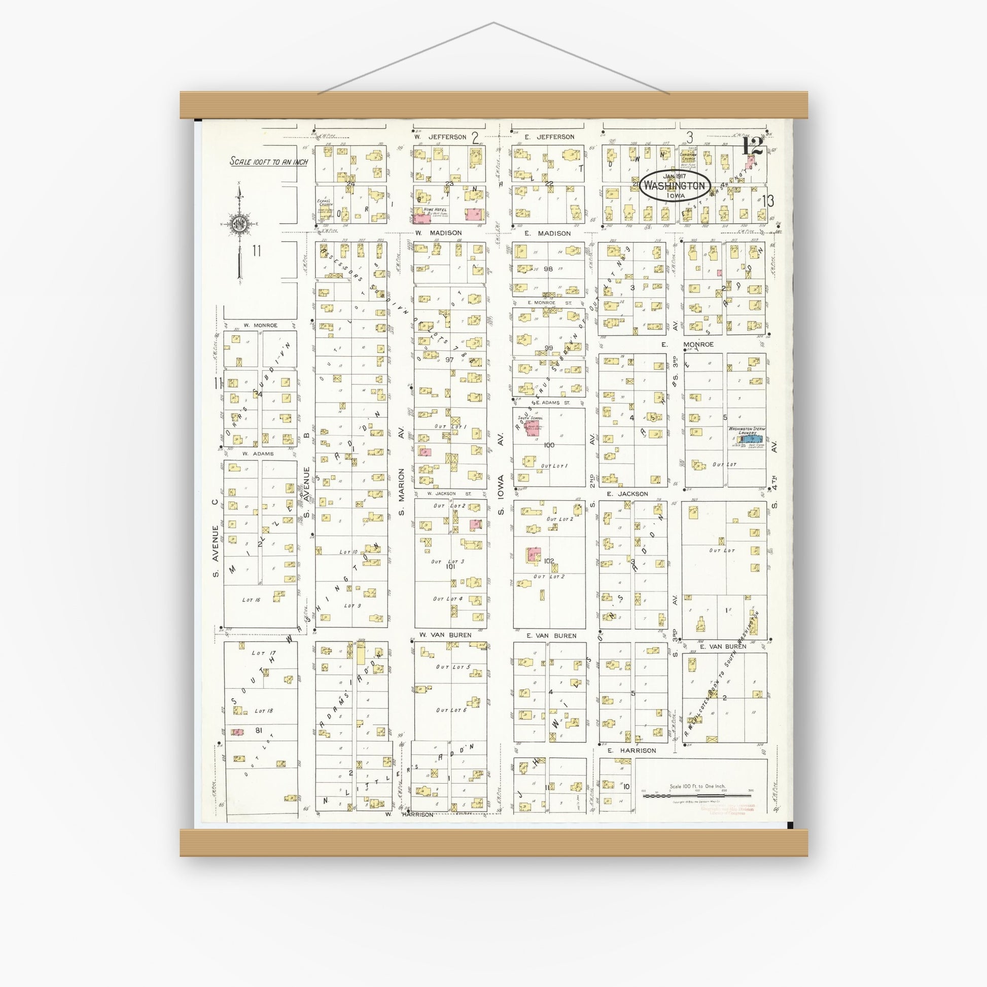 Old map wall art mockup — magnetic wood frame on white wall — Sanborn Fire Insurance Map from Washington, Washington County, Iowa (1917), Sheet #0012