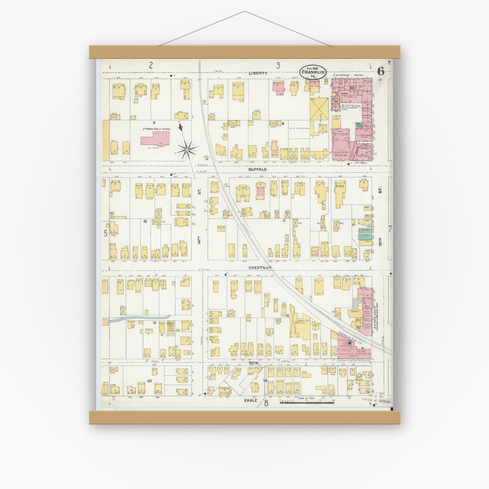 Old map wall art mockup — magnetic wood frame on white wall — Sanborn Fire Insurance Map from Franklin, Venango County, Pennsylvania (1906), Sheet #0006