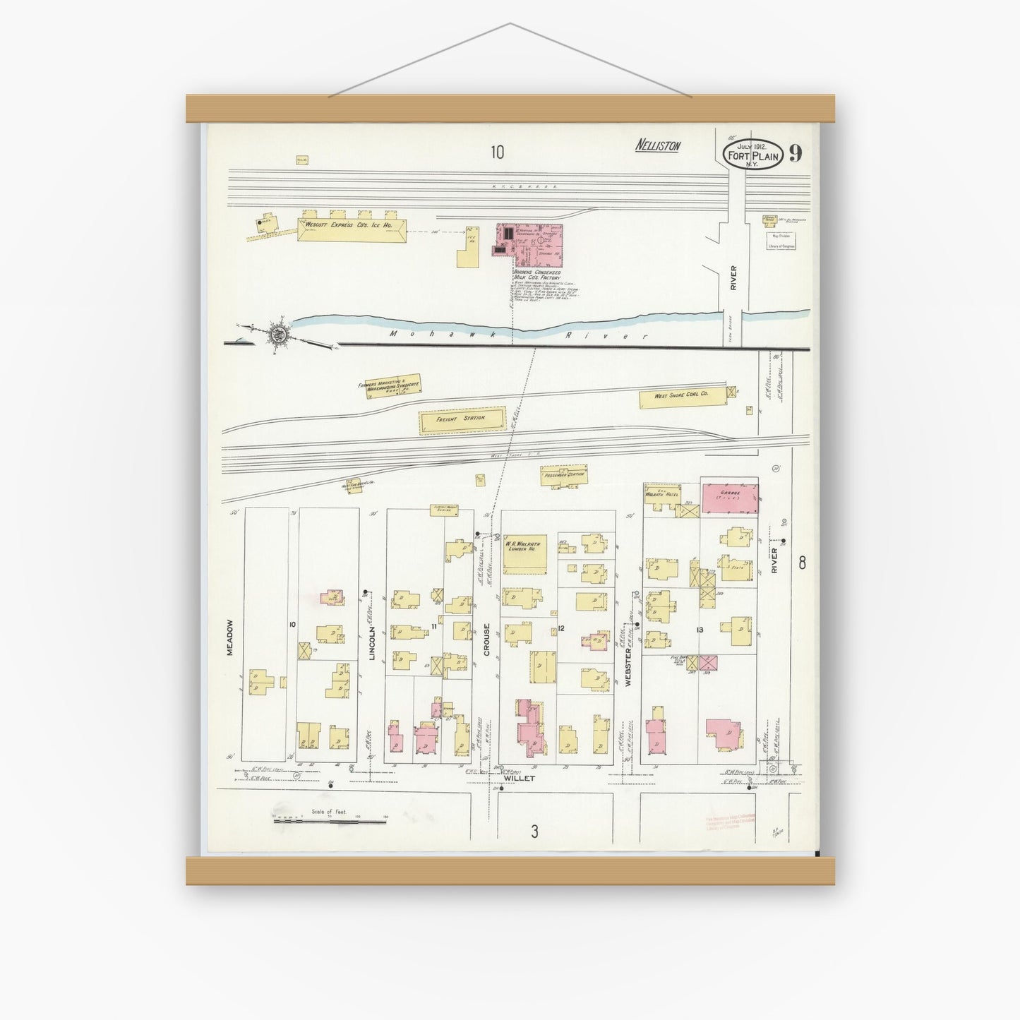 Old map wall art mockup — magnetic wood frame on white wall — Sanborn Fire Insurance Map from Fort Plain, Montgomery County, New York (1912), Sheet #0009