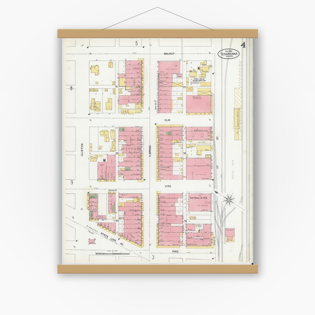 Old map wall art mockup — magnetic wood frame on white wall — Sanborn Fire Insurance Map from Texarkana, Bowie County, Texas (1900), Sheet #0004