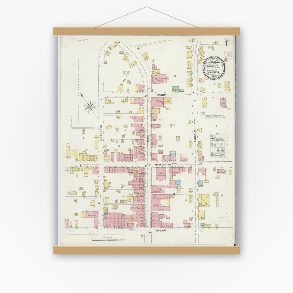 Old map wall art mockup — magnetic wood frame on white wall — Sanborn Fire Insurance Map from Lexington, Independent Cities, Virginia (1897), Sheet #0001