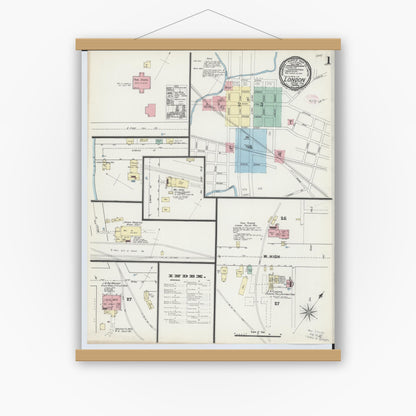 Old map wall art mockup — magnetic wood frame on white wall — Sanborn Fire Insurance Map from London, Madison County, Ohio (1890) - Complete Map Set