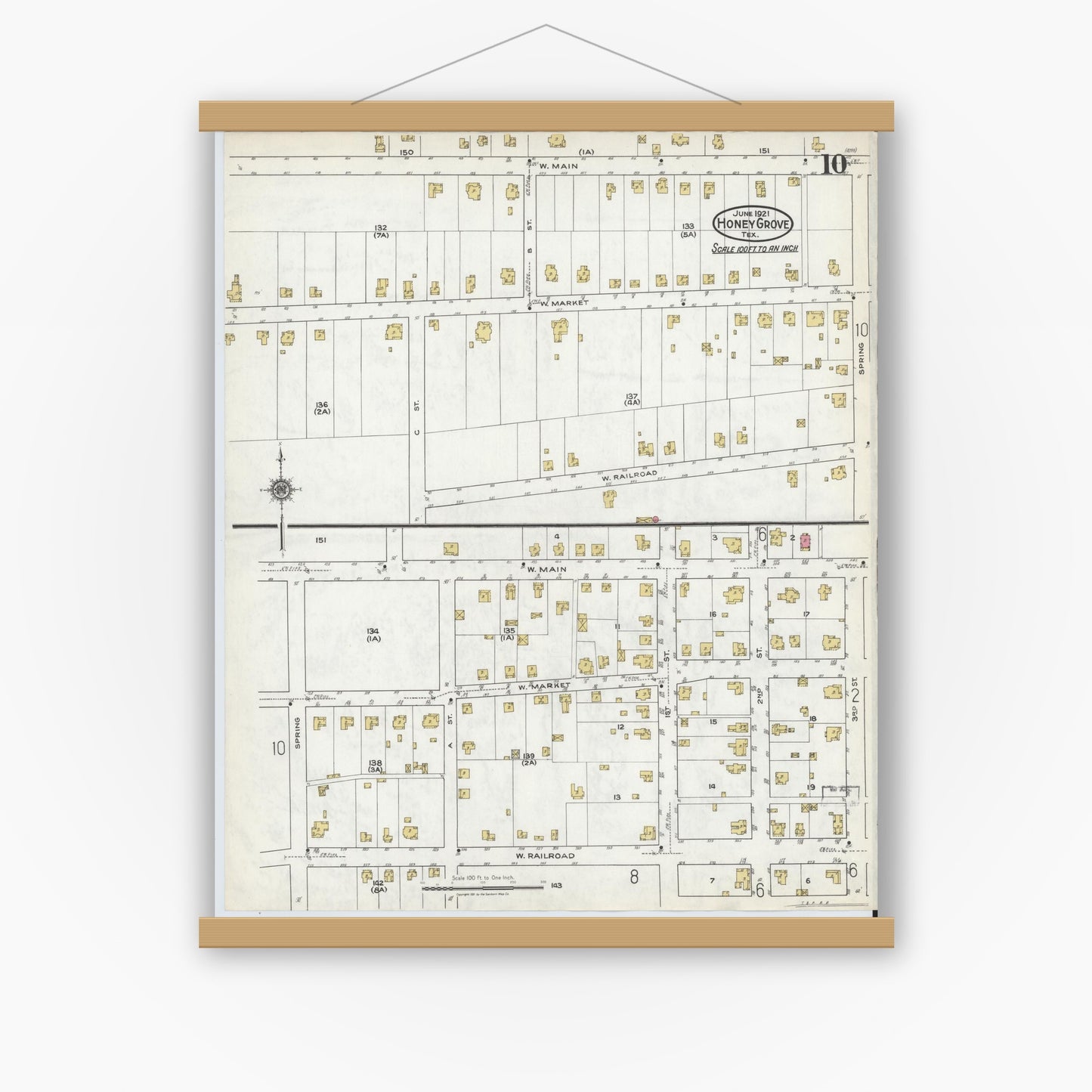 Old map wall art mockup — magnetic wood frame on white wall — Sanborn Fire Insurance Map from Honey Grove, Fannin County, Texas (1921), Sheet #0010