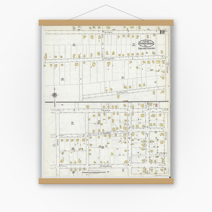 Old map wall art mockup — magnetic wood frame on white wall — Sanborn Fire Insurance Map from Honey Grove, Fannin County, Texas (1921), Sheet #0010