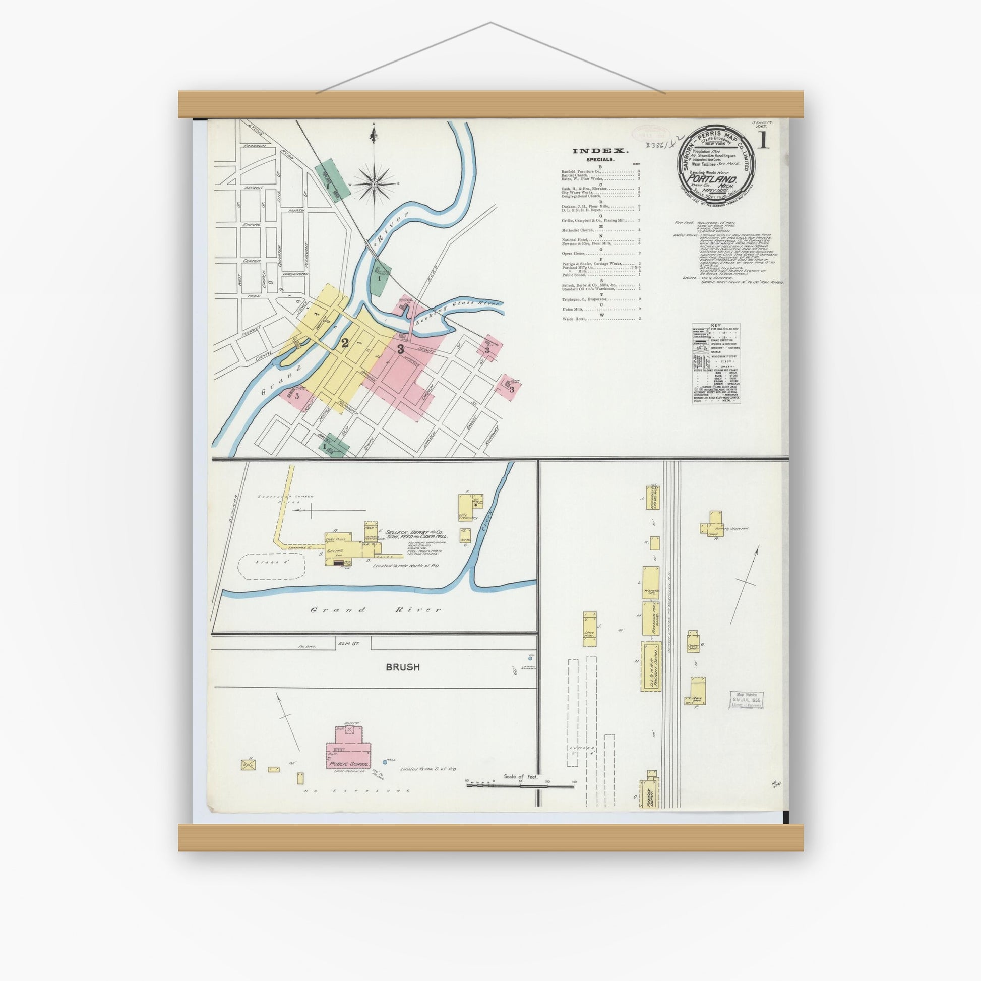 Old map wall art mockup — magnetic wood frame on white wall — Sanborn Fire Insurance Map from Portland, Ionia County, Michigan (1892), Sheet #0001