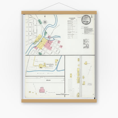 Old map wall art mockup — magnetic wood frame on white wall — Sanborn Fire Insurance Map from Portland, Ionia County, Michigan (1892), Sheet #0001