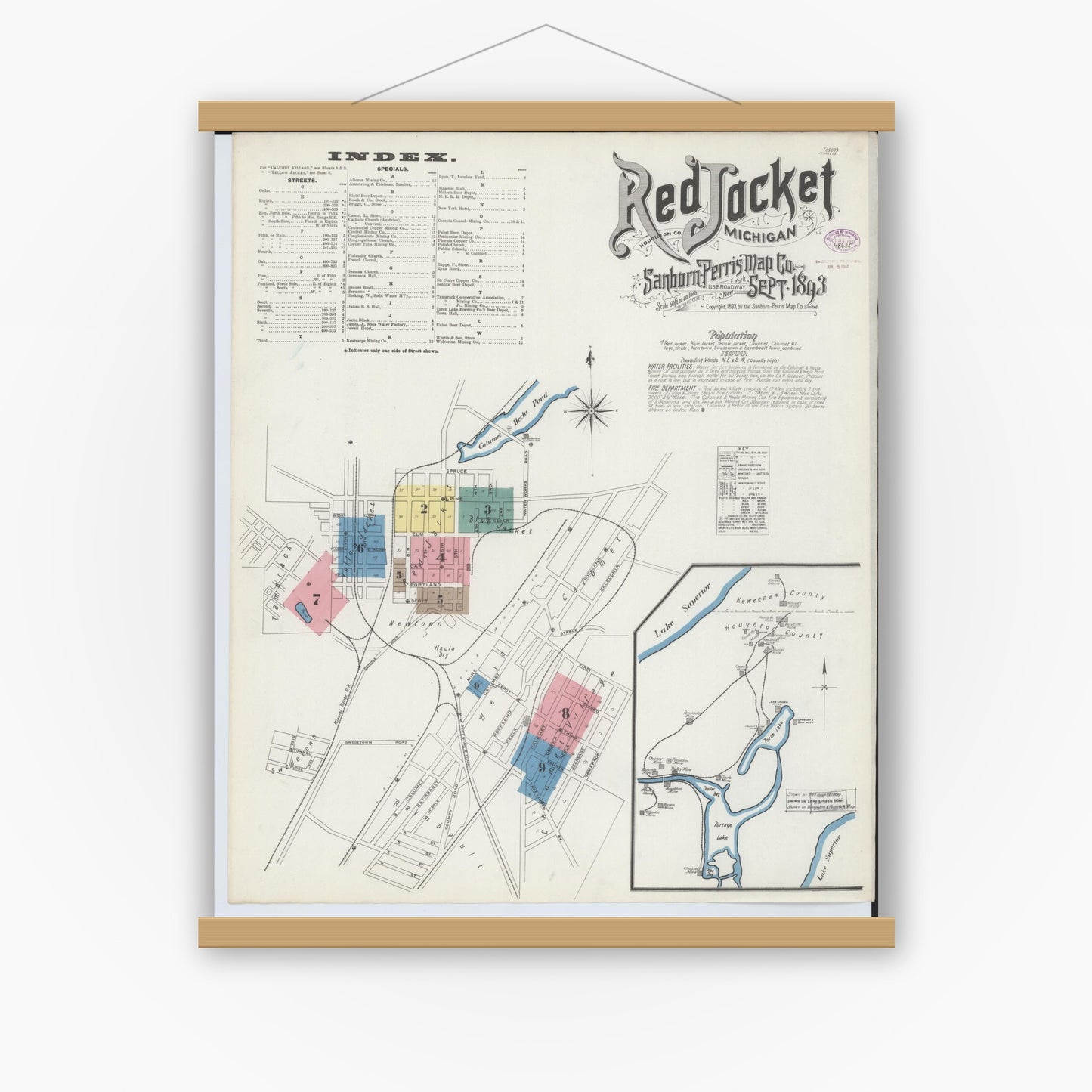 Old map wall art mockup — magnetic wood frame on white wall — Sanborn Fire Insurance Map from Red Jacket, Houghton County, Michigan (1893) - Complete Map Set
