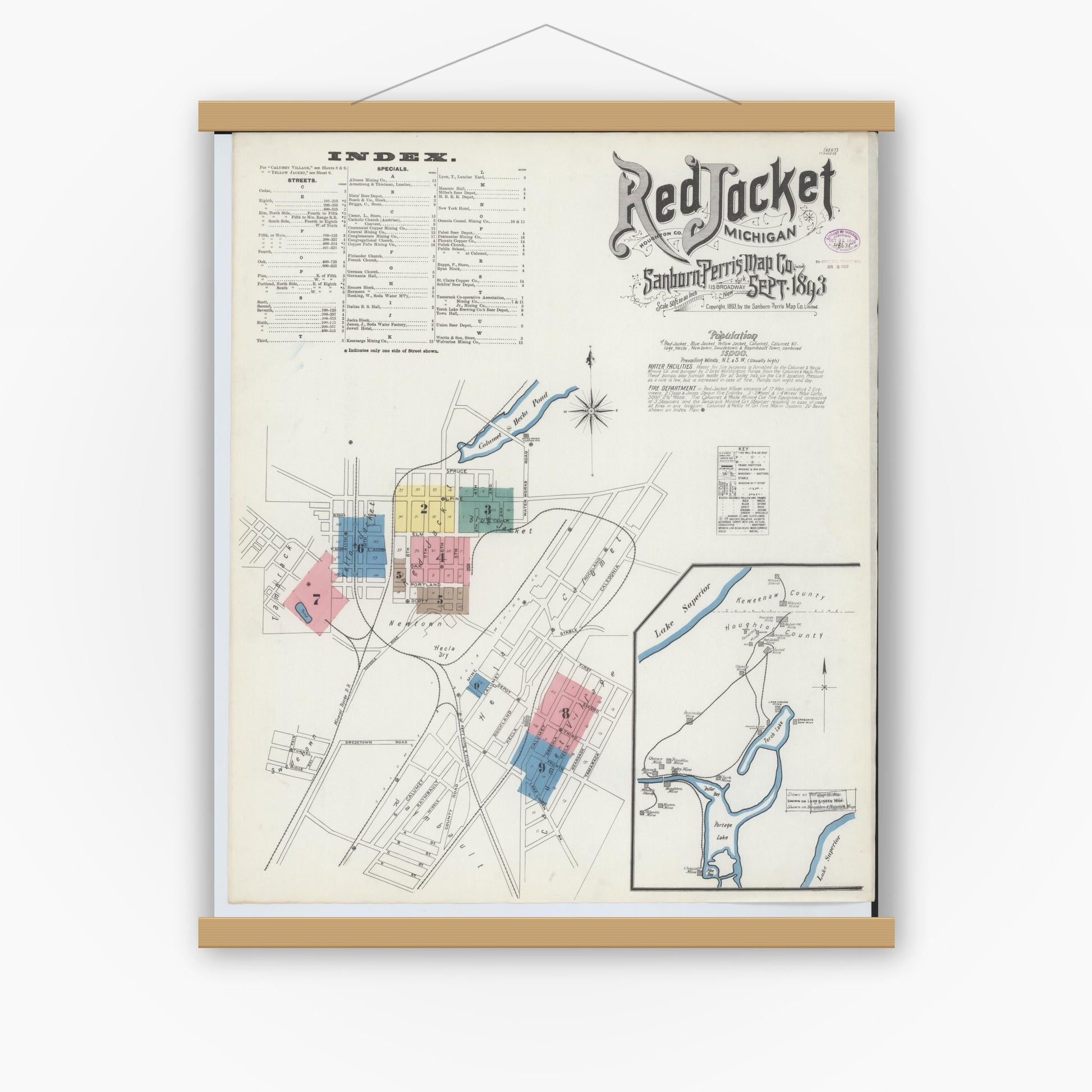 Old map wall art mockup — magnetic wood frame on white wall — Sanborn Fire Insurance Map from Red Jacket, Houghton County, Michigan (1893) - Complete Map Set