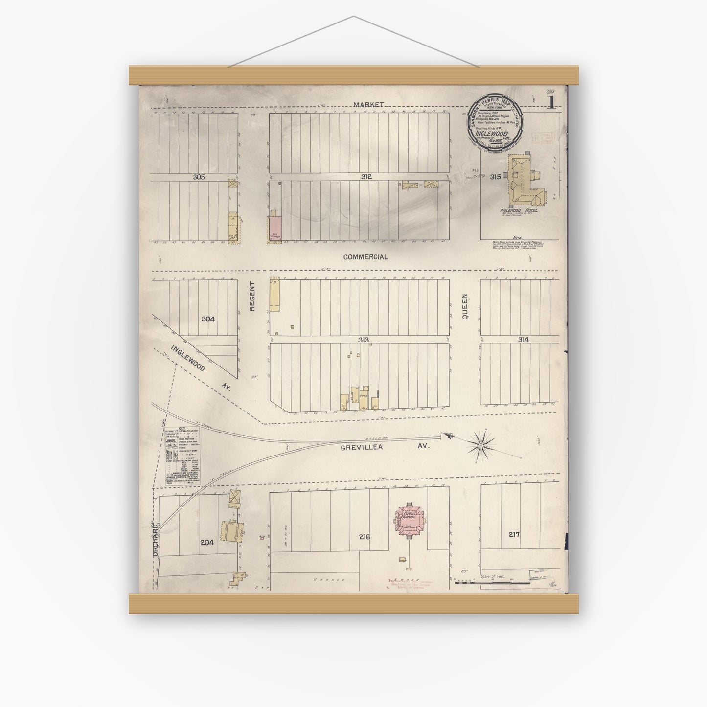 Old map wall art mockup — magnetic wood frame on white wall — Sanborn Fire Insurance Map from Inglewood, Los Angeles County, California (1892), Sheet #0001