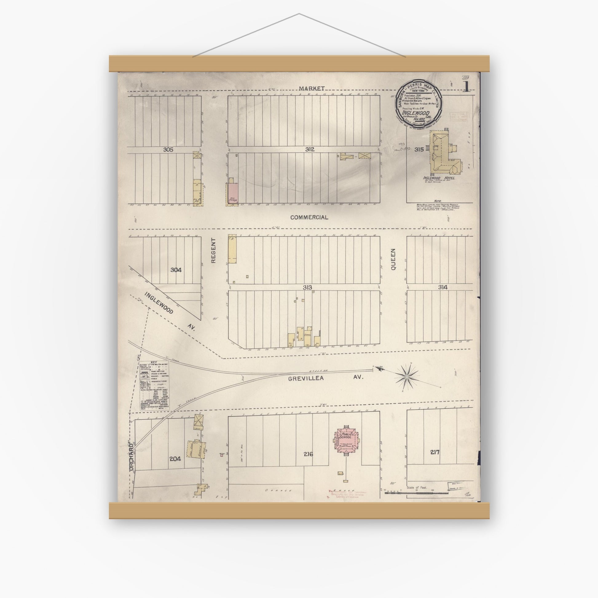 Old map wall art mockup — magnetic wood frame on white wall — Sanborn Fire Insurance Map from Inglewood, Los Angeles County, California (1892), Sheet #0001