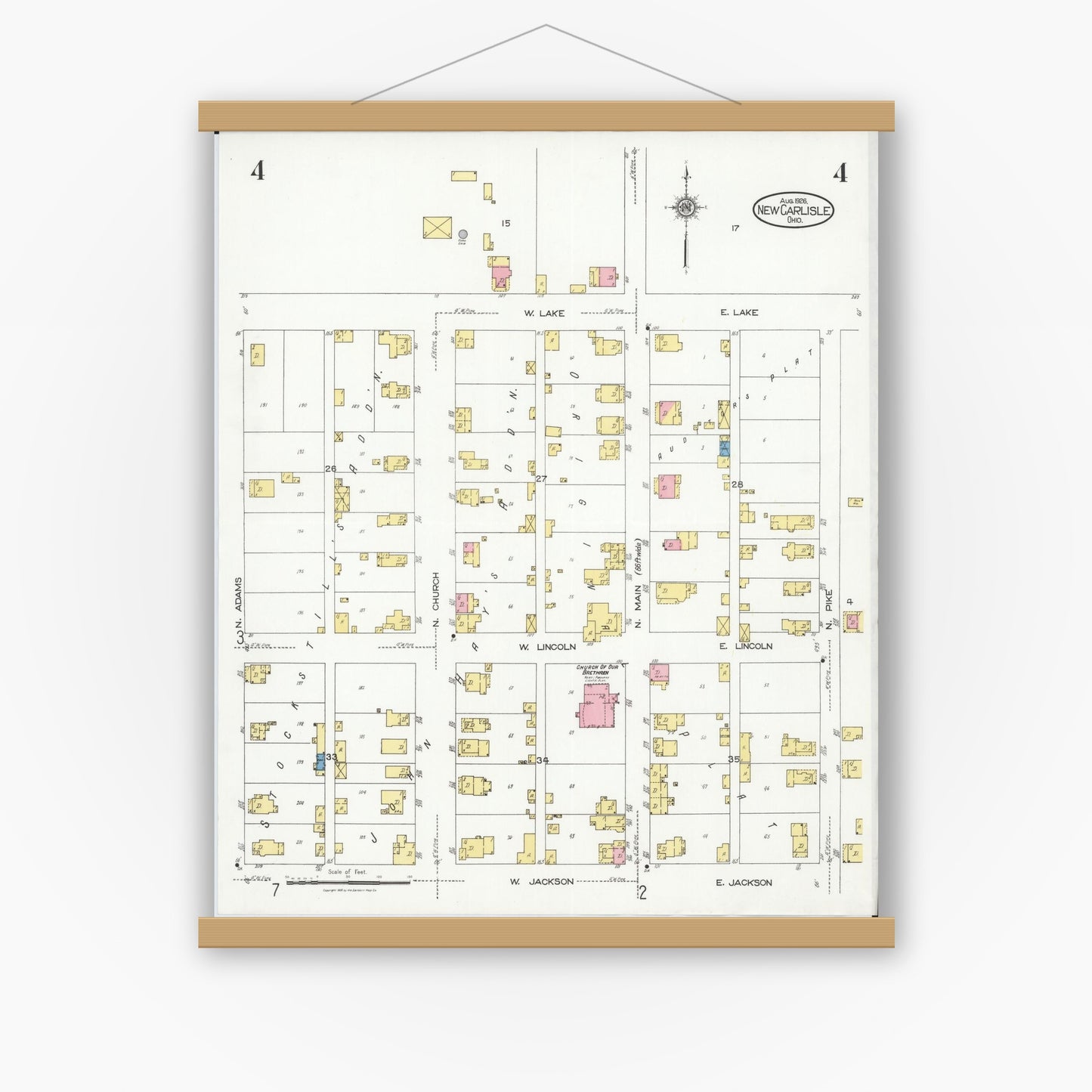Old map wall art mockup — magnetic wood frame on white wall — Sanborn Fire Insurance Map from New Carlisle, Clarke County, Ohio (1926), Sheet #0004