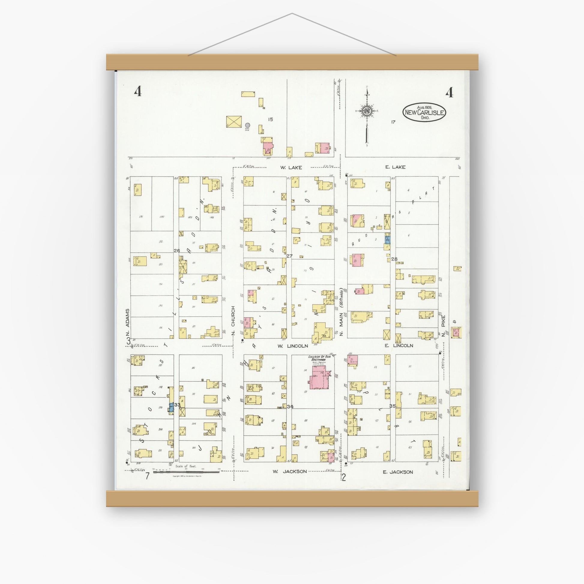 Old map wall art mockup — magnetic wood frame on white wall — Sanborn Fire Insurance Map from New Carlisle, Clarke County, Ohio (1926), Sheet #0004