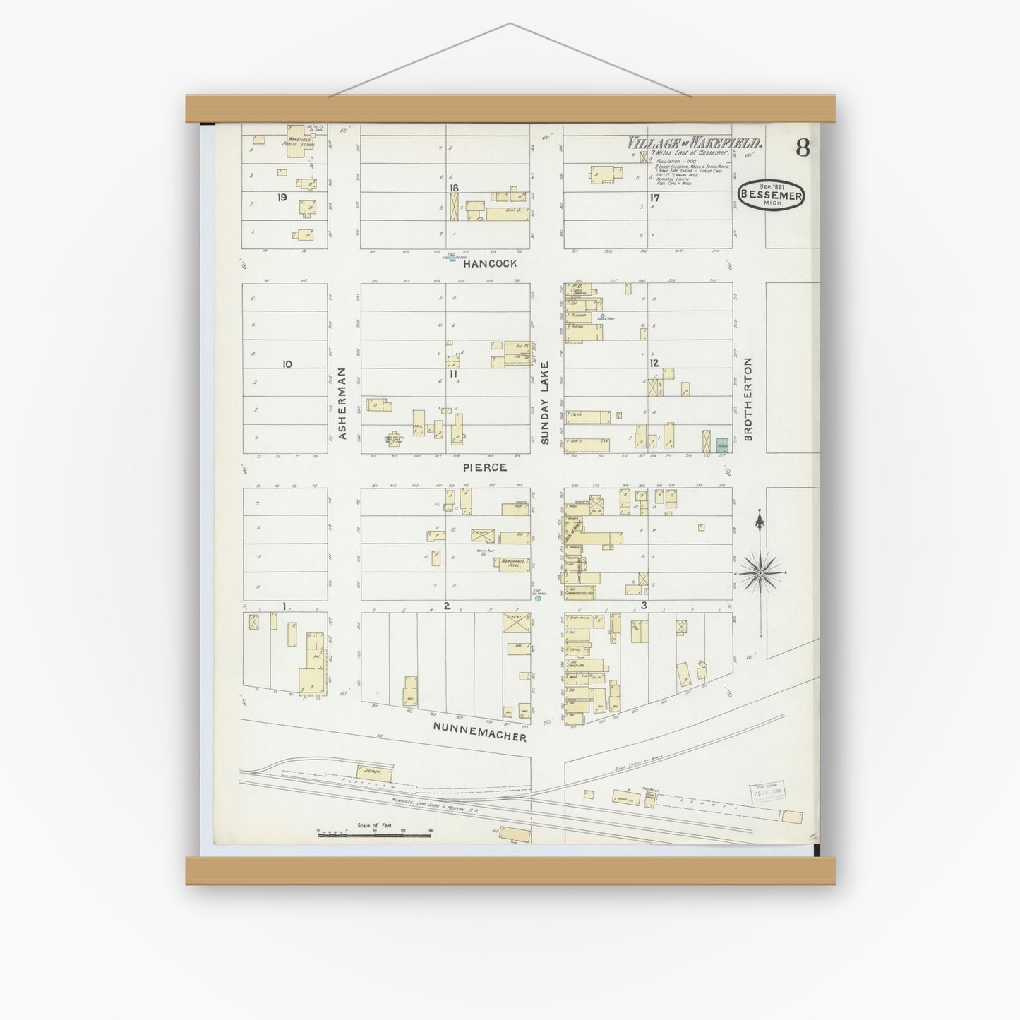 Old map wall art mockup — magnetic wood frame on white wall — Sanborn Fire Insurance Map from Bessemer, Gogebic County, Michigan (1891), Sheet #0008