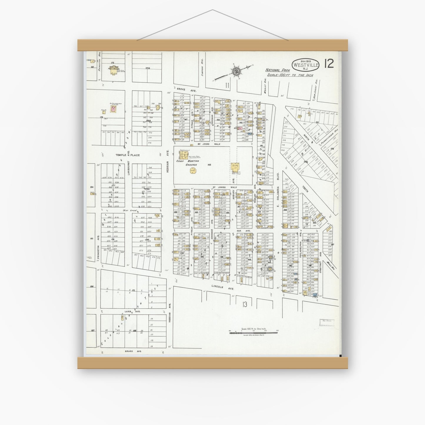 Old map wall art mockup — magnetic wood frame on white wall — Sanborn Fire Insurance Map from Westville, Gloucester County, New Jersey (1919), Sheet #0012