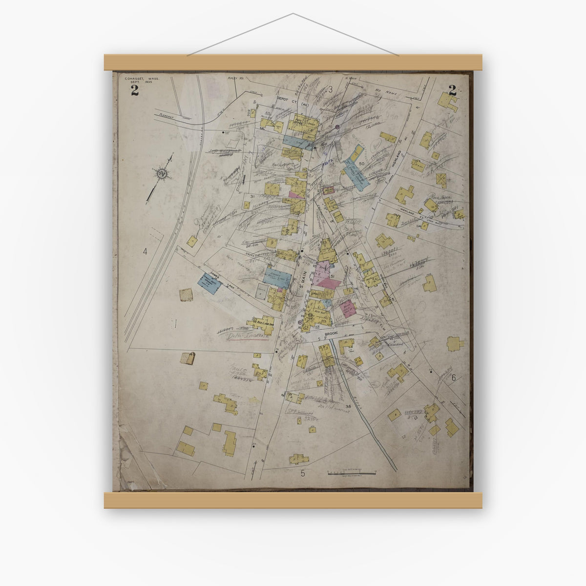 Old map wall art mockup — magnetic wood frame on white wall — Sanborn Fire Insurance Map from Cohasset, Norfolk County, Massachusetts (1952), Sheet #0002