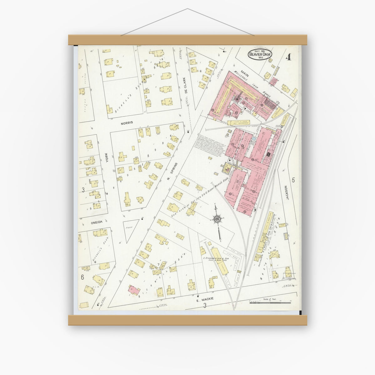 Old map wall art mockup — magnetic wood frame on white wall — Sanborn Fire Insurance Map from Beaver Dam, Dodge County, Wisconsin (1914), Sheet #0004