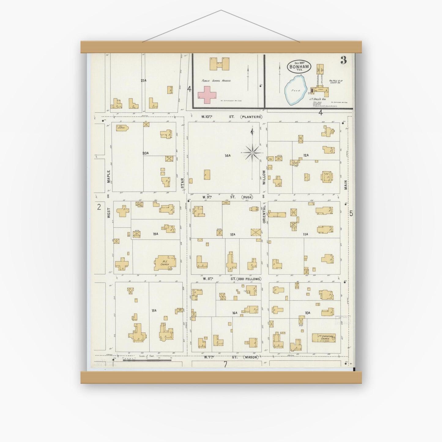 Old map wall art mockup — magnetic wood frame on white wall — Sanborn Fire Insurance Map from Bonham, Fannin County, Texas (1897), Sheet #0003