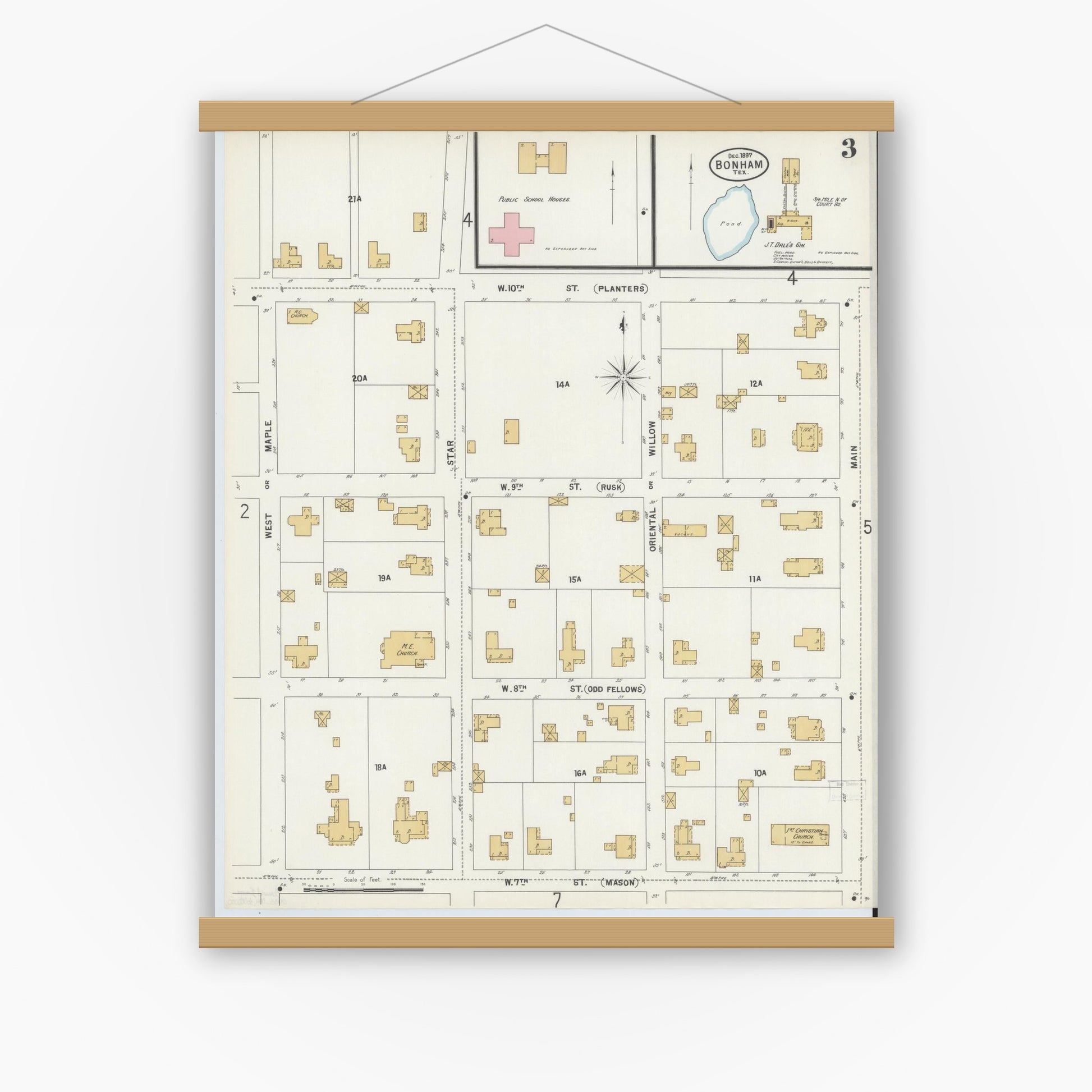 Old map wall art mockup — magnetic wood frame on white wall — Sanborn Fire Insurance Map from Bonham, Fannin County, Texas (1897), Sheet #0003