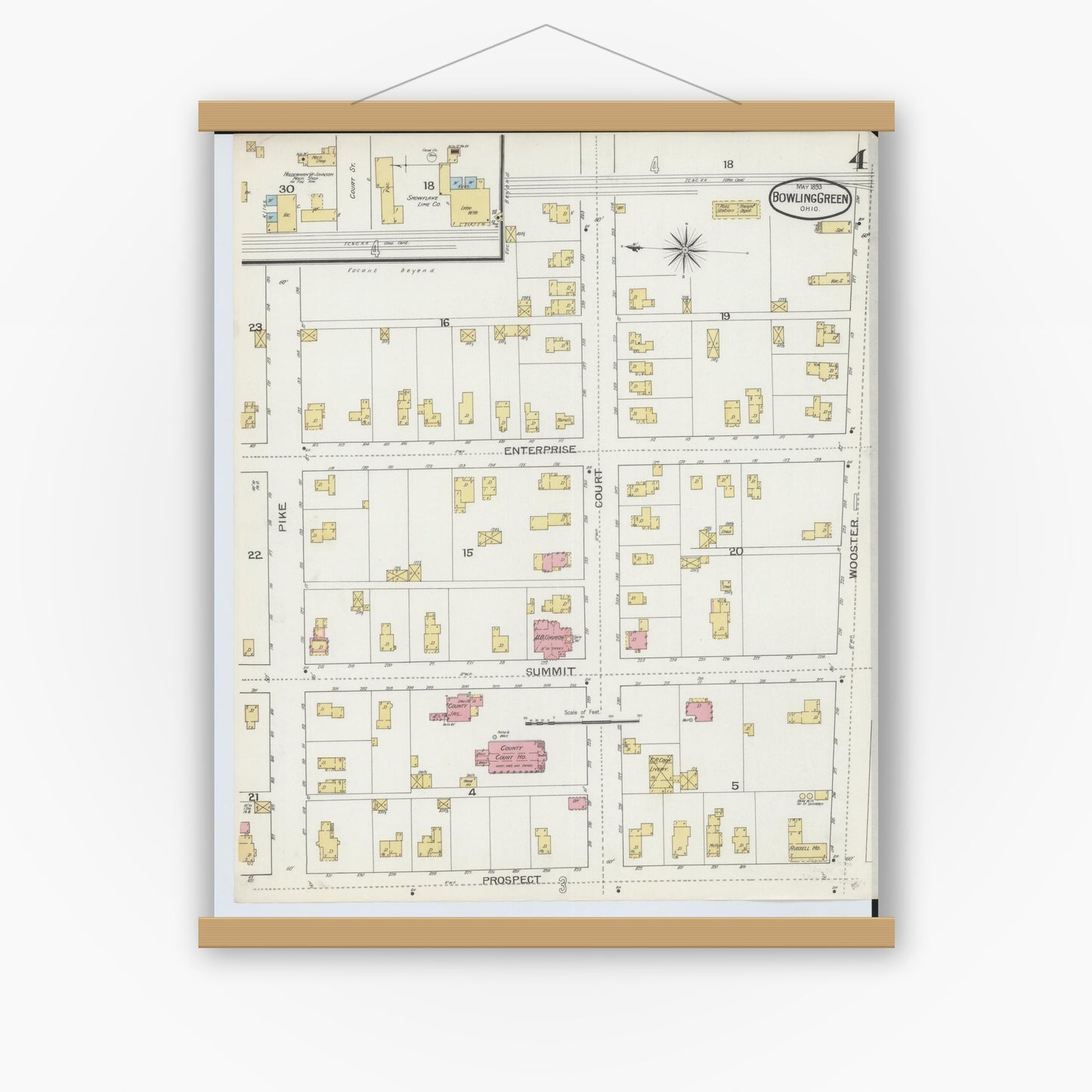 Old map wall art mockup — magnetic wood frame on white wall — Sanborn Fire Insurance Map from Bowling Green, Wood County, Ohio (1893), Sheet #0004
