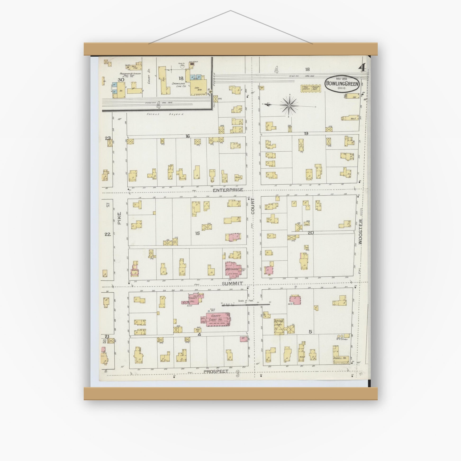Old map wall art mockup — magnetic wood frame on white wall — Sanborn Fire Insurance Map from Bowling Green, Wood County, Ohio (1893), Sheet #0004