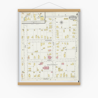Old map wall art mockup — magnetic wood frame on white wall — Sanborn Fire Insurance Map from Bowling Green, Wood County, Ohio (1893), Sheet #0004