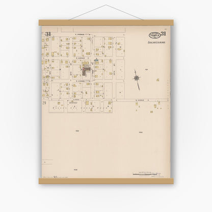 Old map wall art mockup — magnetic wood frame on white wall — Sanborn Fire Insurance Map from Temple, Bell County, Texas (1922), Sheet #0031