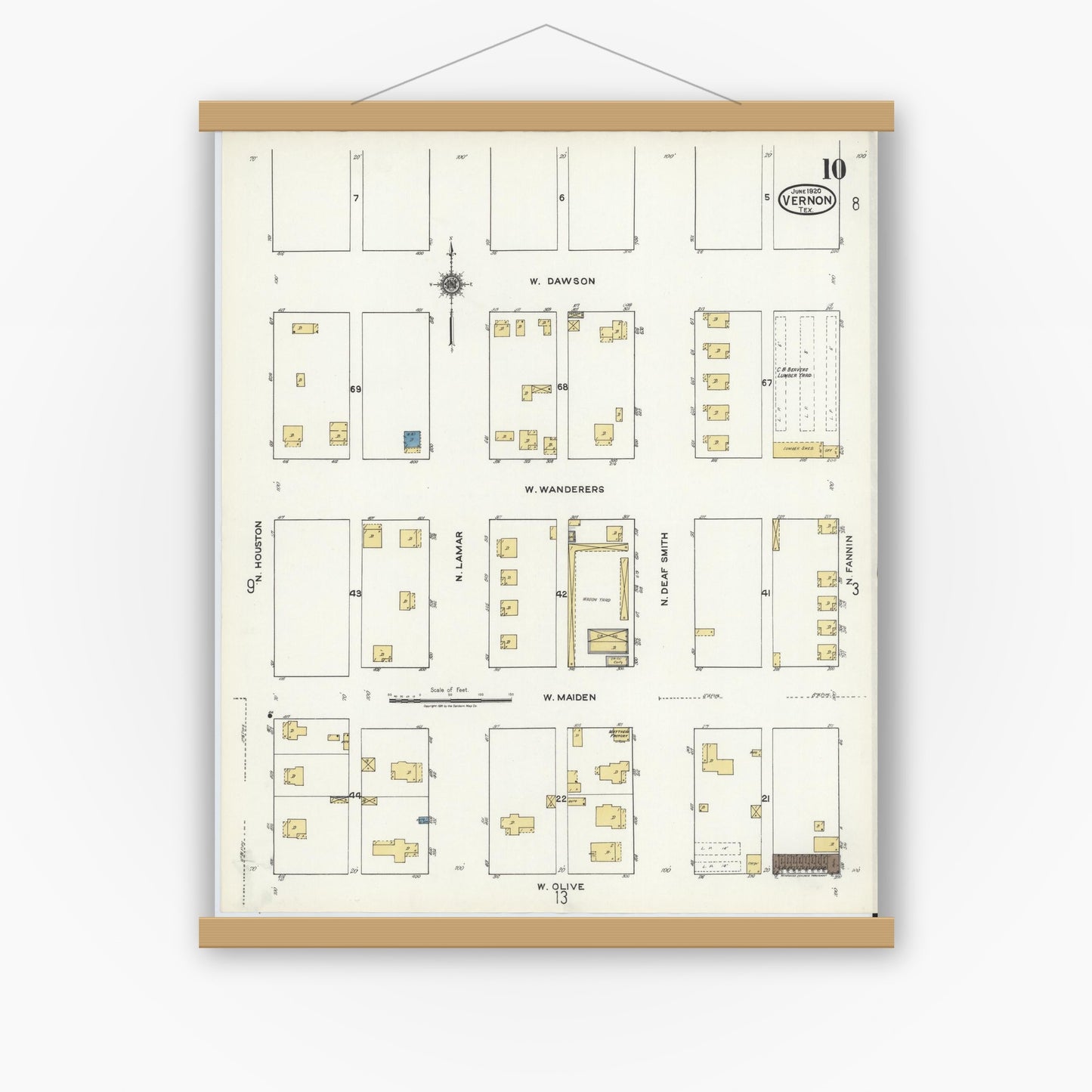 Old map wall art mockup — magnetic wood frame on white wall — Sanborn Fire Insurance Map from Vernon, Wilbarger County, Texas (1920), Sheet #0010