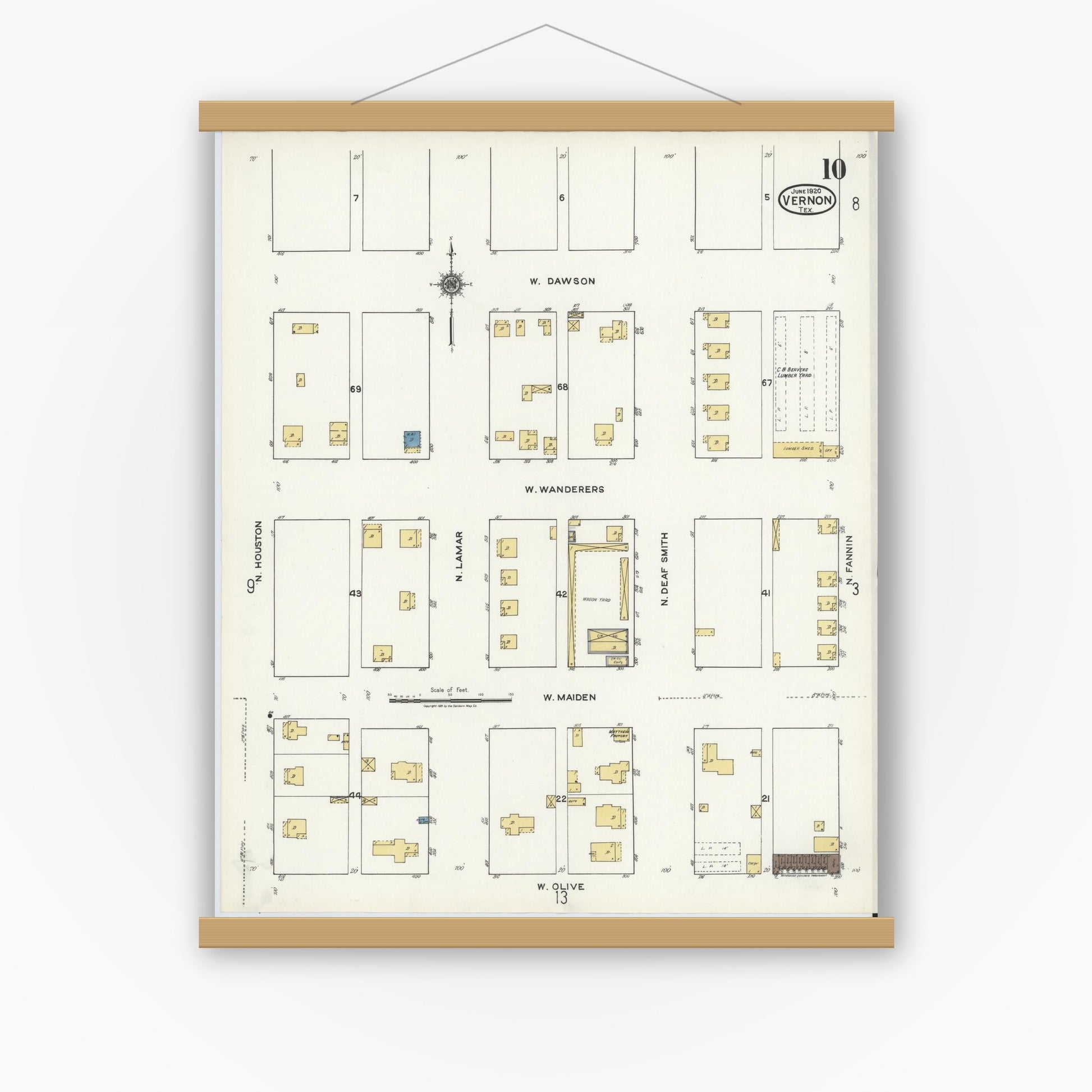 Old map wall art mockup — magnetic wood frame on white wall — Sanborn Fire Insurance Map from Vernon, Wilbarger County, Texas (1920), Sheet #0010
