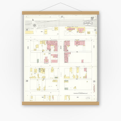 Old map wall art mockup — magnetic wood frame on white wall — Sanborn Fire Insurance Map from Bakersfield, Kern County, California (1905), Sheet #0037