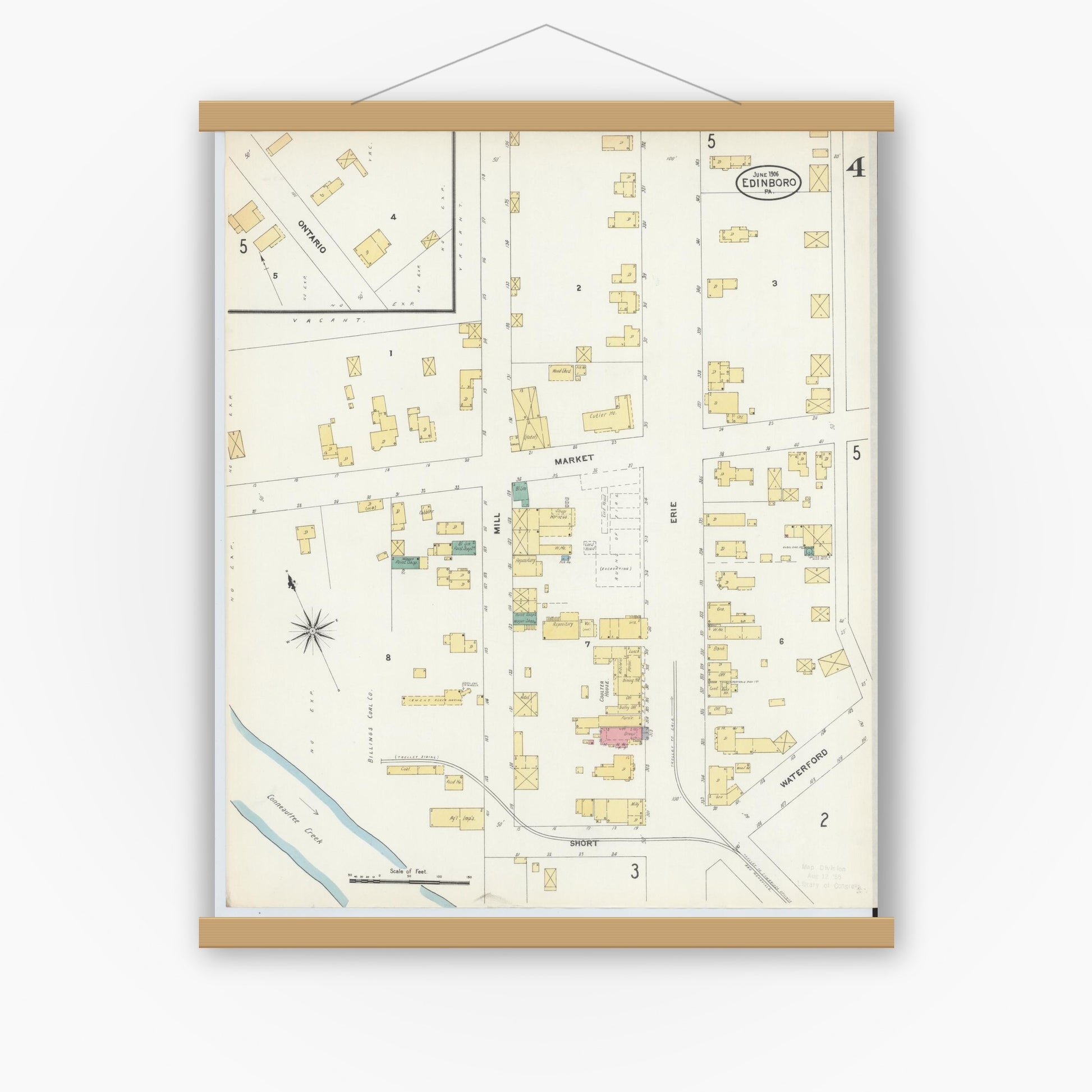 Old map wall art mockup — magnetic wood frame on white wall — Sanborn Fire Insurance Map from Edinboro, Erie County, Pennsylvania (1906), Sheet #0004