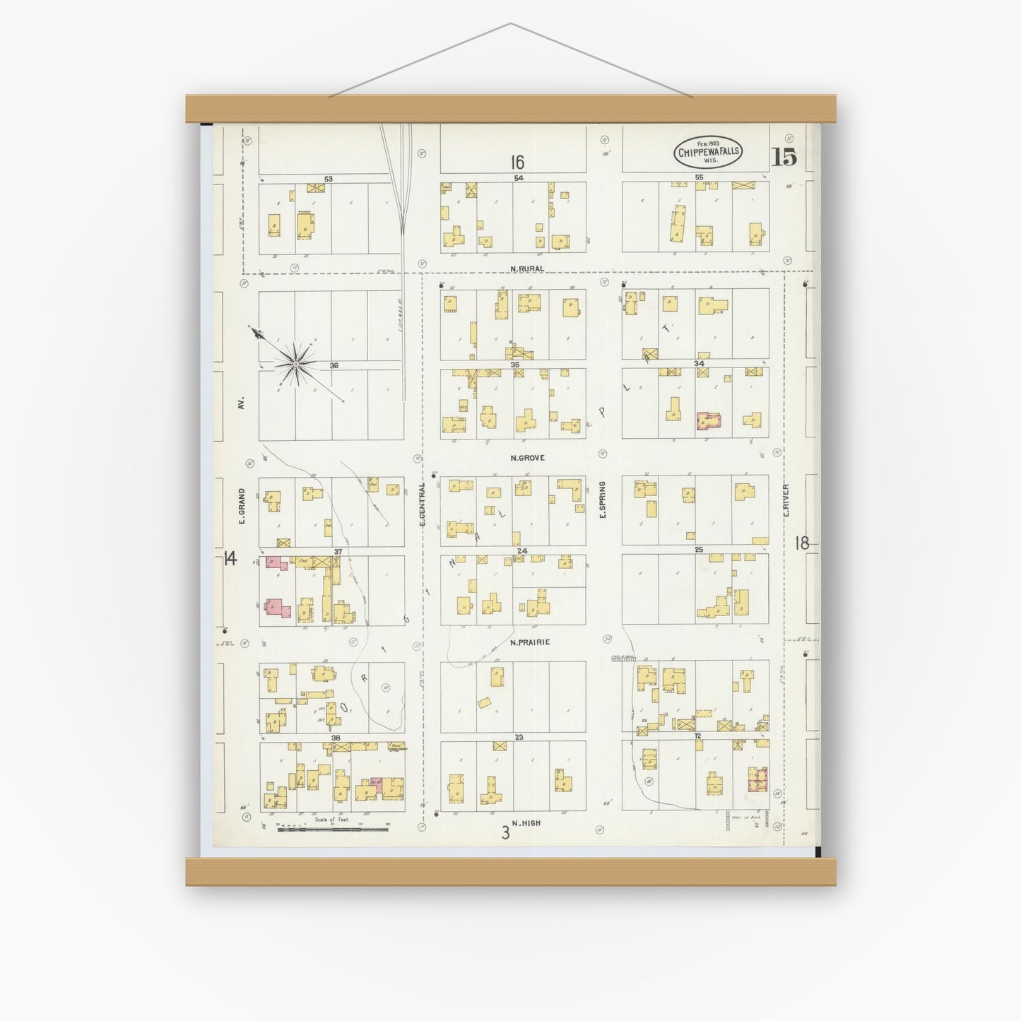 Old map wall art mockup — magnetic wood frame on white wall — Sanborn Fire Insurance Map from Chippewa Falls, Chippewa County, Wisconsin (1903), Sheet #0015