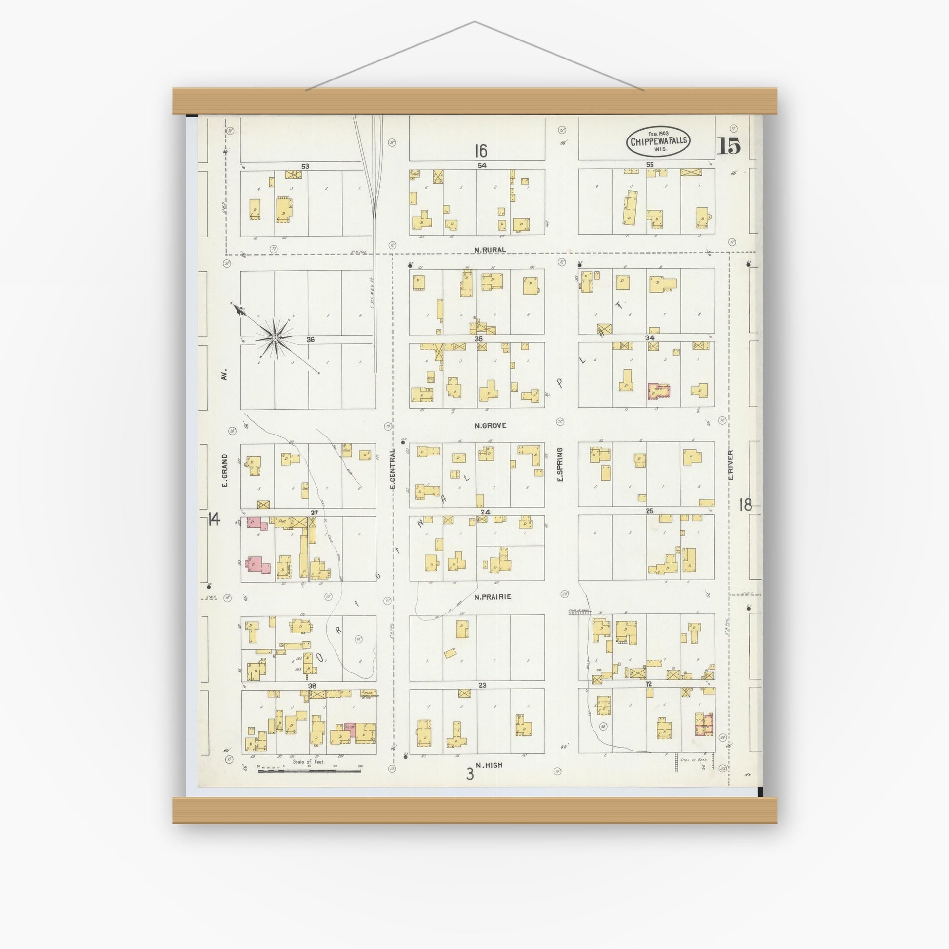 Old map wall art mockup — magnetic wood frame on white wall — Sanborn Fire Insurance Map from Chippewa Falls, Chippewa County, Wisconsin (1903), Sheet #0015