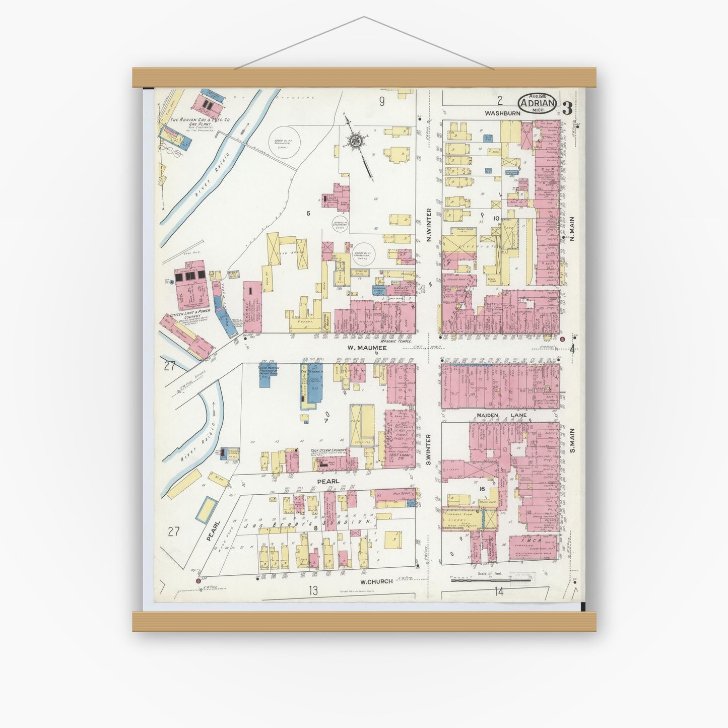 Old map wall art mockup — magnetic wood frame on white wall — Sanborn Fire Insurance Map from Adrian, Lenawee County, Michigan (1916), Sheet #0003