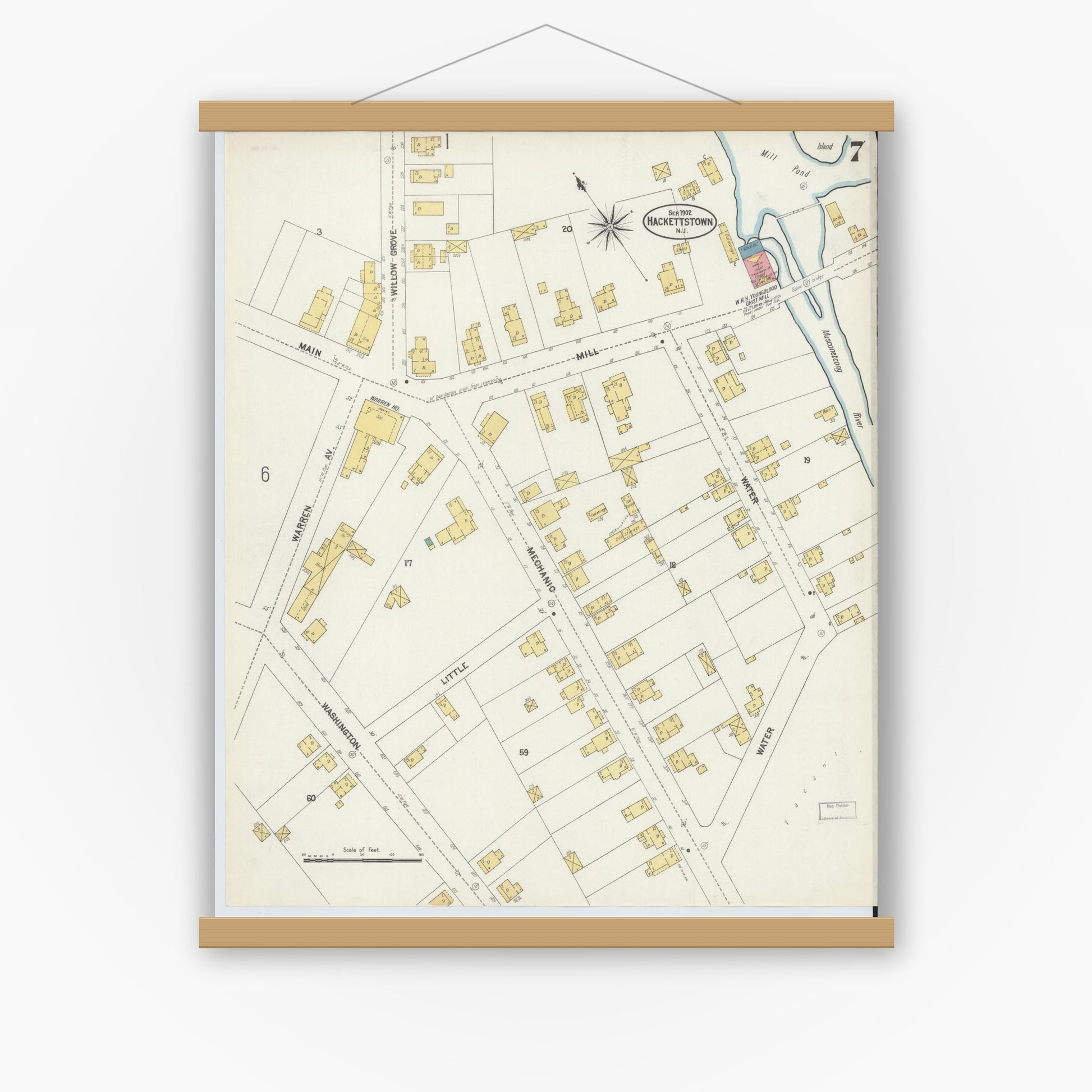 Old map wall art mockup — magnetic wood frame on white wall — Sanborn Fire Insurance Map from Hackettstown, Warren County, New Jersey (1902), Sheet #0007