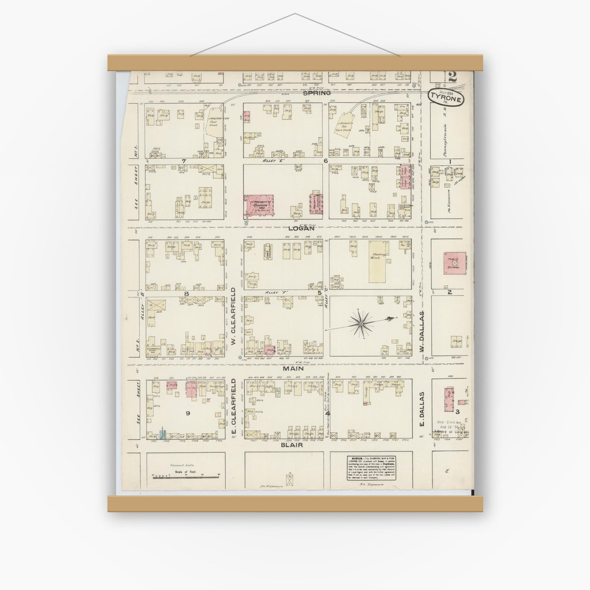 Old map wall art mockup — magnetic wood frame on white wall — Sanborn Fire Insurance Map from Tyrone, Blair County, Pennsylvania (1884), Sheet #0002