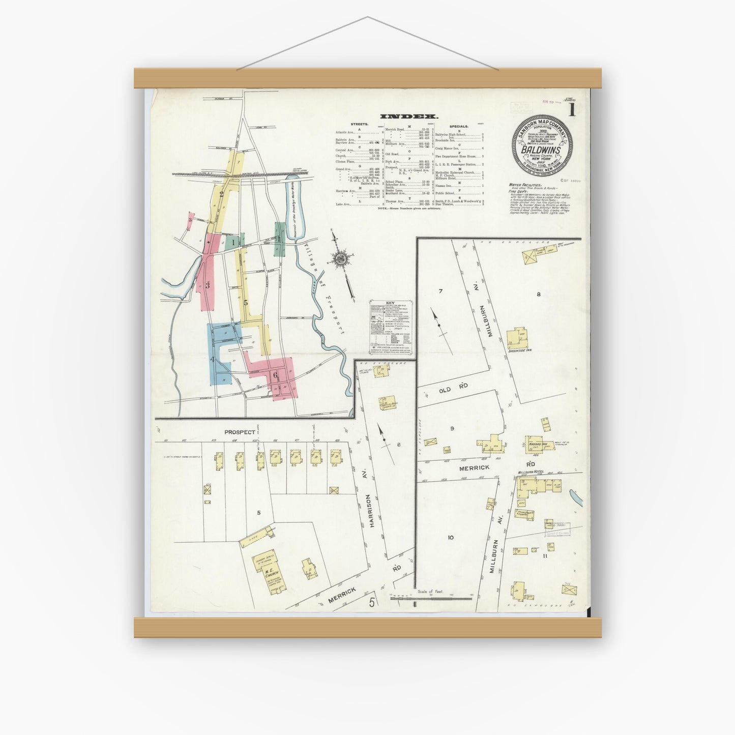 Old map wall art mockup — magnetic wood frame on white wall — Sanborn Fire Insurance Map from Baldwin, Nassau County, New York (1910) - Complete Map Set