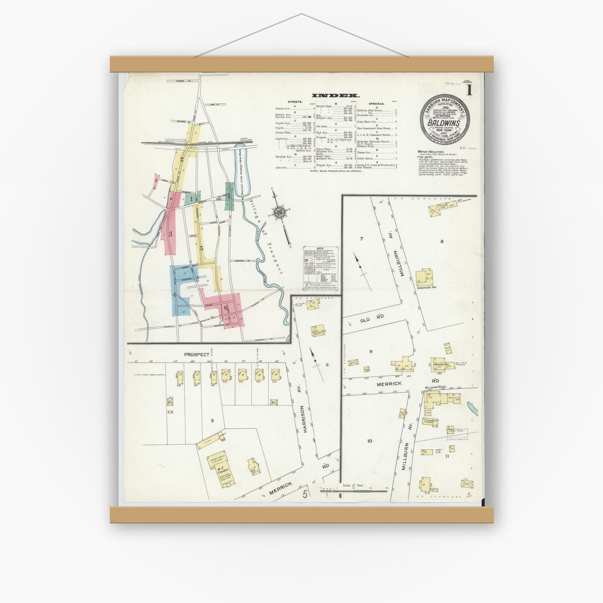 Old map wall art mockup — magnetic wood frame on white wall — Sanborn Fire Insurance Map from Baldwin, Nassau County, New York (1910) - Complete Map Set