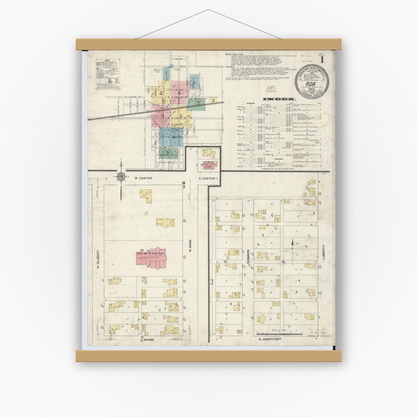 Old map wall art mockup — magnetic wood frame on white wall — Sanborn Fire Insurance Map from Ada, Hardin County, Ohio (1910), Sheet #0001