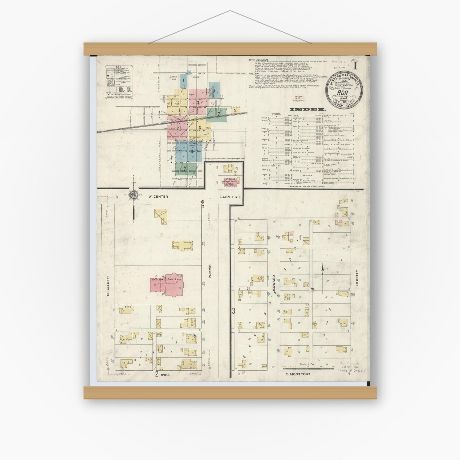 Old map wall art mockup — magnetic wood frame on white wall — Sanborn Fire Insurance Map from Ada, Hardin County, Ohio (1910), Sheet #0001