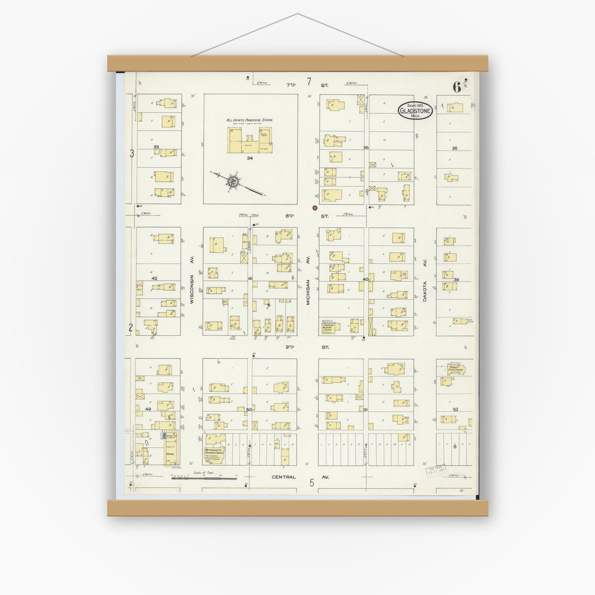 Old map wall art mockup — magnetic wood frame on white wall — Sanborn Fire Insurance Map from Gladstone, Delta County, Michigan (1913), Sheet #0006