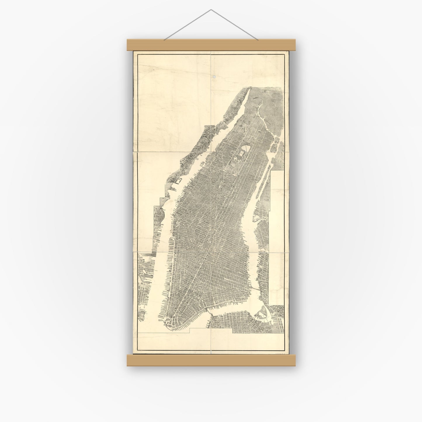 Old map wall art mockup — magnetic wood frame on white wall — [Bird's-eye-view of Manhattan and adjacent districts, New York City]. (1900)